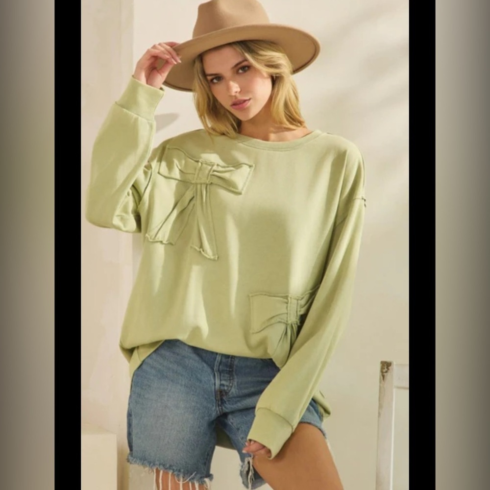 POL Sage Green Whimsy Distressed Bohemian Bow Detail Sweatshirt NWT